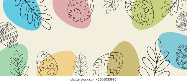 Easter colored horizontal background, chicken eggs with graphic pattern of flowers, rabbit. vector illustration for the Happy Easter holiday. Spring background for decoration.