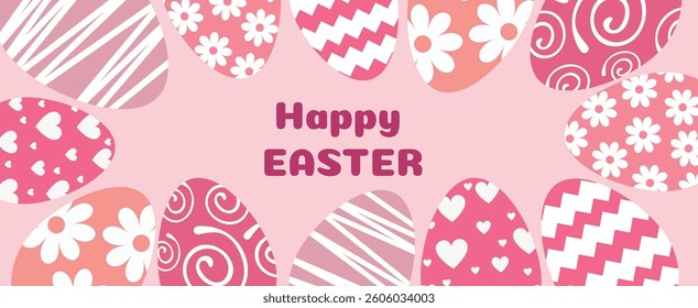 Easter colored horizontal background, chicken eggs with graphic pattern of flowers, rabbit. vector illustration for the Happy Easter holiday. Spring background for decoration.