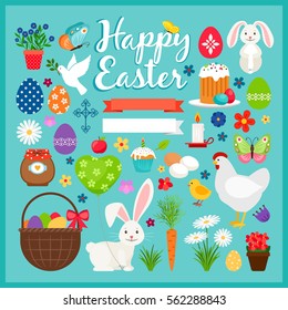 Easter colored icons. Spring ostern vector illustration with carrot and cake, bunny and eggs.