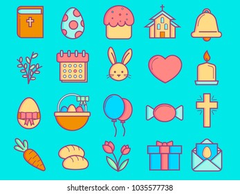 Easter colored linear flat icons set