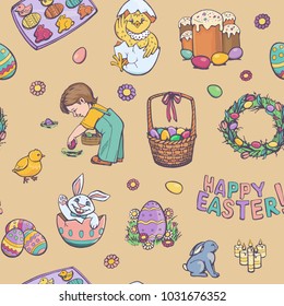 Easter colored pattern with rabbits, eggs, Easter baked and other holiday symbols on a beige background