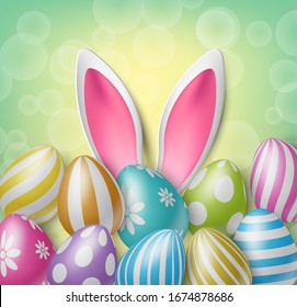 Easter colorful background with eggs and bunny ears. Vector illustration.