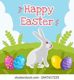 Osterbunt mit Eiern, Kaninchen auf dem Frühlingslandschaftshintergrund und Grußtext, Vektorillustration, eps10