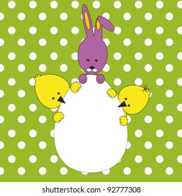 Easter colorful card with rabbit and chickens