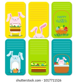 Easter colorful cards, notes and tags invitation or congratulation template. Vector printable elements for holidays with easter bunny, eggs and baskets.