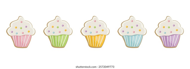 Easter colorful cupcakes with sprinkles of sweet peas. Festive muffins for a happy easter. Vector isolated illustration of festive food on a transparent background.