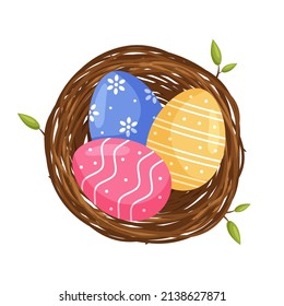 Easter colorful decorated eggs in the bird nest. View from above. Vector illustration in flat cartoon style.