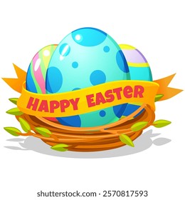 Easter colorful decorated eggs in bird nest for your greeting card, stickers, invitations and many other designs. Vector illustration in flat cartoon style