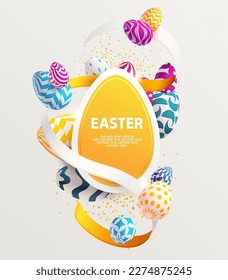 Diseño colorido de Pascua. Banner amarillo con huevos y cinta blanca. Luminosa ilustración de vacaciones.