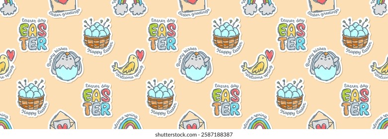 Easter colorful doodle icons stickers with quotes seamless pattern, hand-drawn spring hunt theme background, cute symbols, elements and lettering collection.