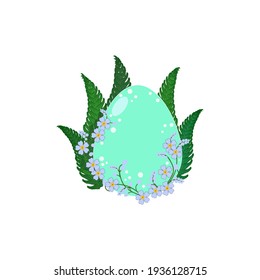 Easter colorful egg in ferns and forget-me-nots 