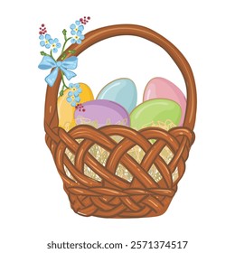 Easter colorful eggs in a basket with a high handle and blue flowers decoration. Happy Easter gift in flat style. Vector holiday decorations.