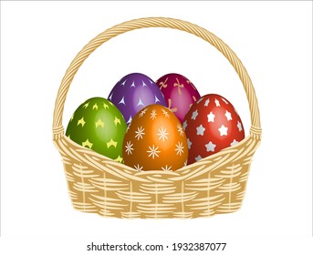 Easter colorful eggs in basket on white background.
Vector illustration.