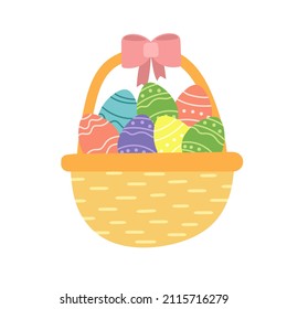 Easter colorful eggs in basket with pink bow. Vector illustration on white. Hand drawn style