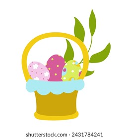 Huevos coloridos de Pascua en cesta. Ilustración vectorial.