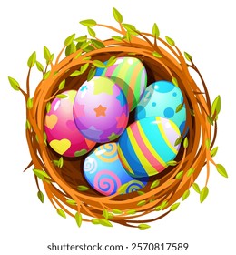 Easter colorful eggs in bird nest for your greeting card, stickers, invitations and many other designs. Vector illustration in flat cartoon style