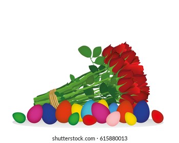 Easter colorful eggs. A bouquet of red flowers. Roses. A blank space for your text or advertising. Greeting card for the holiday. Vector. Free place