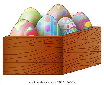 Easter colorful eggs in a brown wooden box