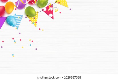 Easter colorful eggs and bunting flags on white wooden background. Beautiful spring background with place for text. Vetor illustration