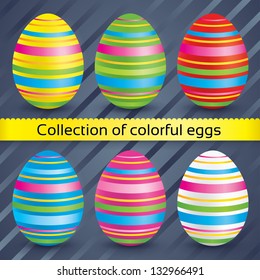 Easter colorful eggs (collection). Vector set of painted eggs (decoration). Striped eggs (icons).