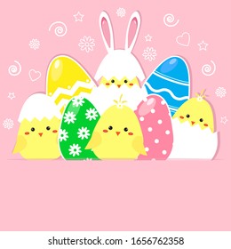 Easter colorful eggs and cute chickens card vector illustration background.