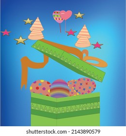 Easter colorful eggs in gift box on blue background, vector illustration 