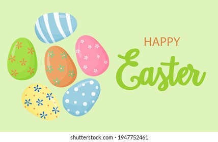 Easter colorful eggs and Happy Easter inscription. A design element for a postcard, poster, or banner. Vector illustration