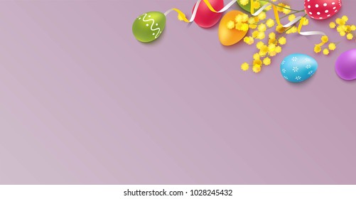 Easter colorful eggs with mimosa branch on purple background. Beautiful spring background with place for text. Vetor illustration