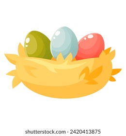 Easter colorful eggs in a nest made of straw. Festive composition, vector illustration on a white background. Cartoon nest with three eggs.Happy Easter. Design for Easter cards, banners.