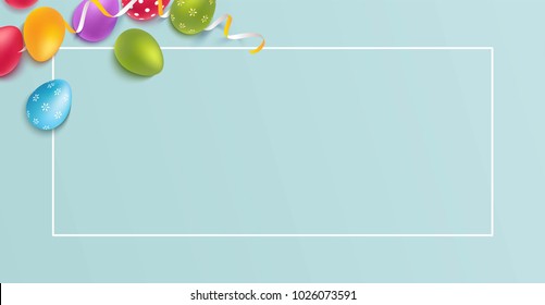 Easter colorful eggs on blue background. Beautiful spring background with place for text. Vetor illustration