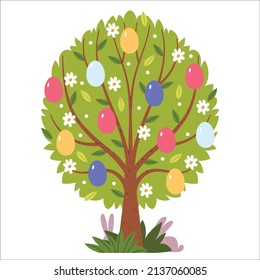 Easter colorful eggs on a spring tree.Postcard.Hand drawn flat illustration.