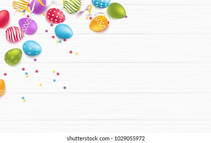 Easter colorful eggs on white wooden background. Beautiful spring background with place for text. Vetor illustration