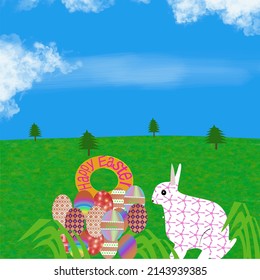 Easter colorful eggs and rabbit in the grass on sky background, vector illustration
