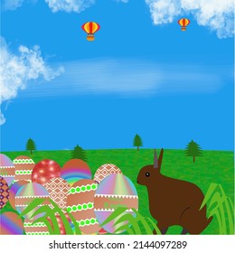 Easter colorful eggs and rabbit in the grass on sky background, vector illustration