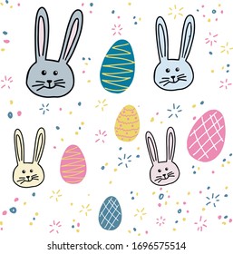 Easter colorful eggs, rabbits, bunny on white background. Template for typography poster, banner,  postcard, flyer, vector eps.