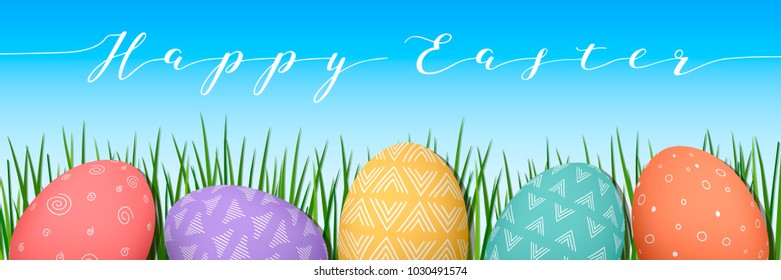 Easter colorful eggs in row. Blue sky background with text decorated with green grass. Happy Easter. simple Nordic ornaments. vector illustration. Postcard template, advertising, gifts