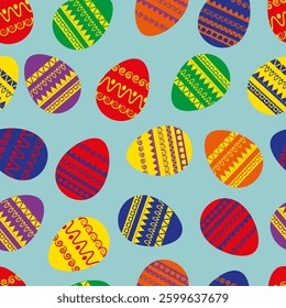Easter colorful eggs. Seamless pattern on light blue backgroung, vector.
