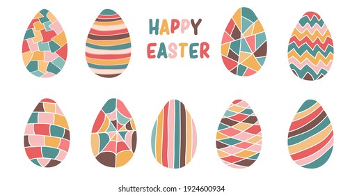 Easter colorful eggs set with different decor. Spring holiday. Vector illustration isolated on white background.