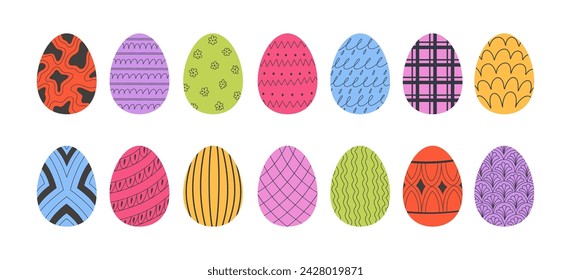 Easter colorful eggs set doodle style. Happy easter hand drawn vector illustration isolated on white background. Holiday concept. Different designs and patterns of celebration eggs.