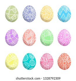 Easter colorful eggs set with white hand drawn decor. Vector holliday collection.