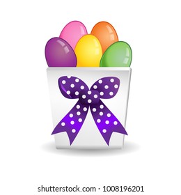 Easter Colorful Eggs in Vase with Violet Bow