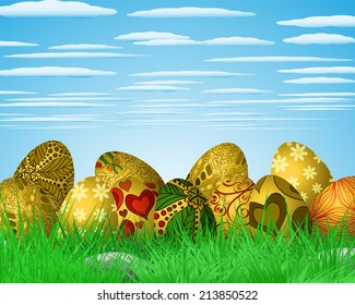 Easter colorful illustration with eggs lying on green grass
