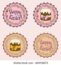 Easter colorful labels set with cake and hand drawn text. Circle tags set. Vector illustration