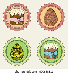 Easter colorful labels set with chick in a frame of eggs. Circle tags set. Vector illustration