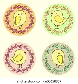 Easter colorful labels set with chick in a frame of eggs. Circle tags set. Vector illustration