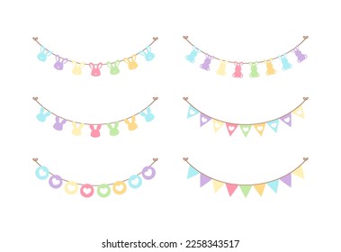 Easter colorful pastel rabbit head and pennants bunting clipart set