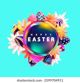 Easter colorful poster with  eggs, flower and circle frame. Congratulatory holiday banner. 