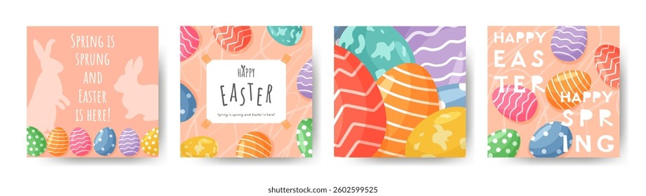Easter colorful poster set. Playful Easter eggs and congratulations on Easter and spring. Set of bright cards or banners for the holiday