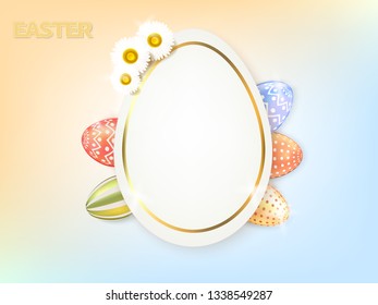Easter Colorful Poster. Text place. Happy Easter Greeting Card. Realistic Eggs. Vector Illustration. 
Holiday Banner. 3d. Decorated Colorful Eggshell.
