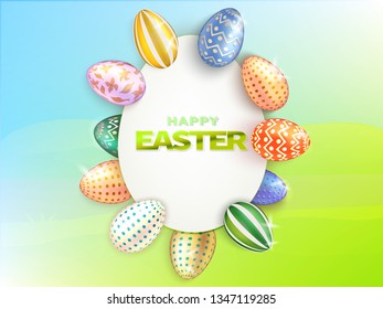 Easter colorful poster. Text place. Happy Easter Greeting Card. Realistic Eggs. Vector Illustration.